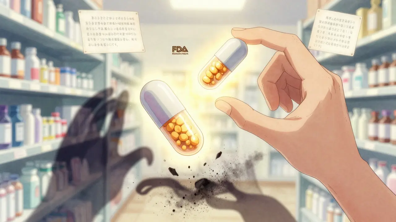 Patient holding generic and brand pills as fears dissolve into light, FDA emblem radiating warmth in a dreamlike pharmacy.