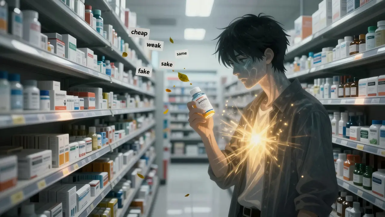 Patient in a pharmacy, their reflection holding a branded pill as negative thoughts dissolve into positive ones.