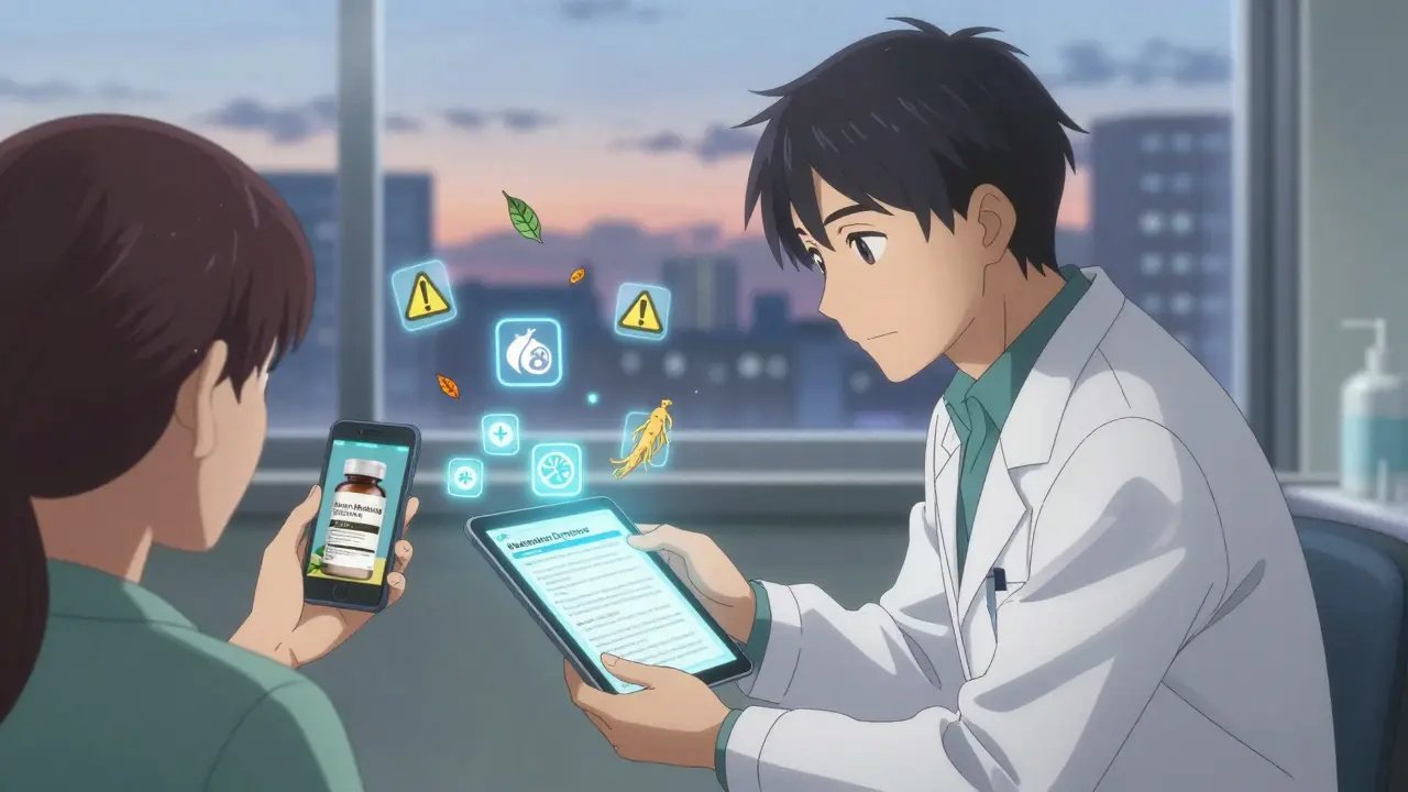 Patient shows supplement label on phone to doctor, who reviews digital interaction alerts on a tablet.