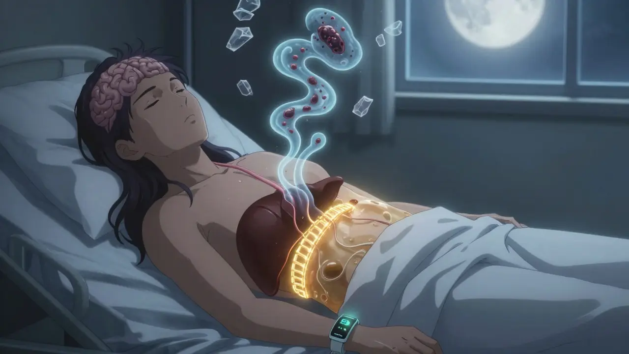 Patient with ascites and toxic tendrils rising to the brain, TIPS stent glowing inside liver, SmartBand on wrist.