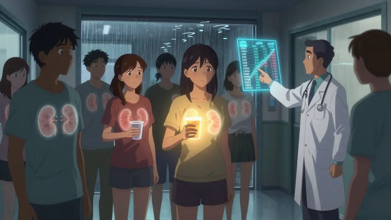 Patients in a clinic with glowing kidney stages on their chests, a doctor pointing to a digital chart.