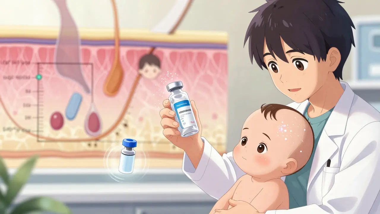 Pediatrician holding a glowing nanoparticle cream that only treats skin surface.