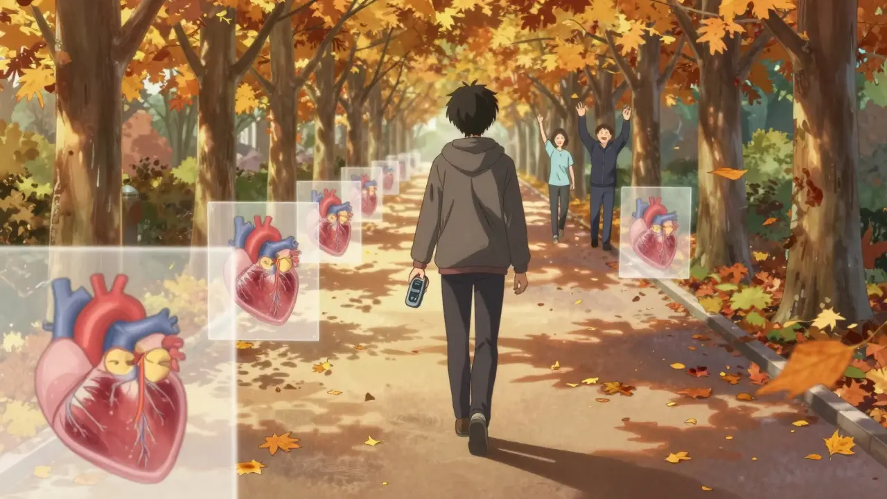 Person walking path with floating heart diagrams and falling leaves.