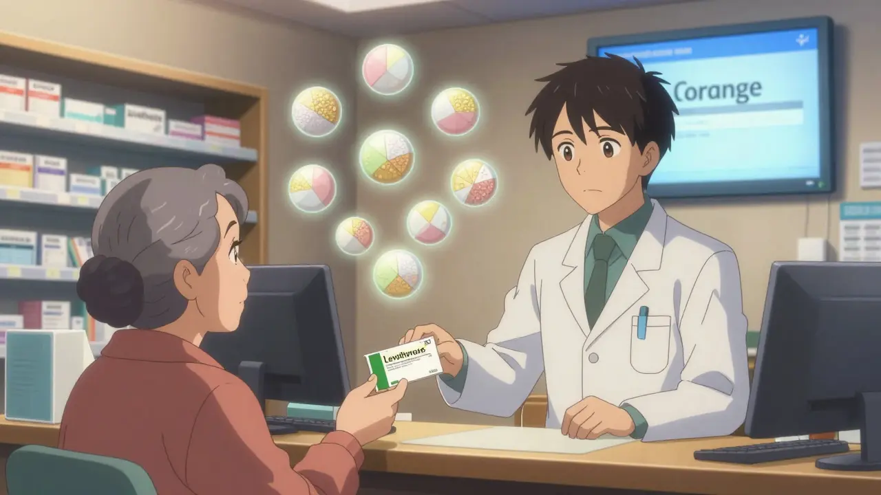 Pharmacist handing a prescription as multiple generic pill versions float around in a halo.