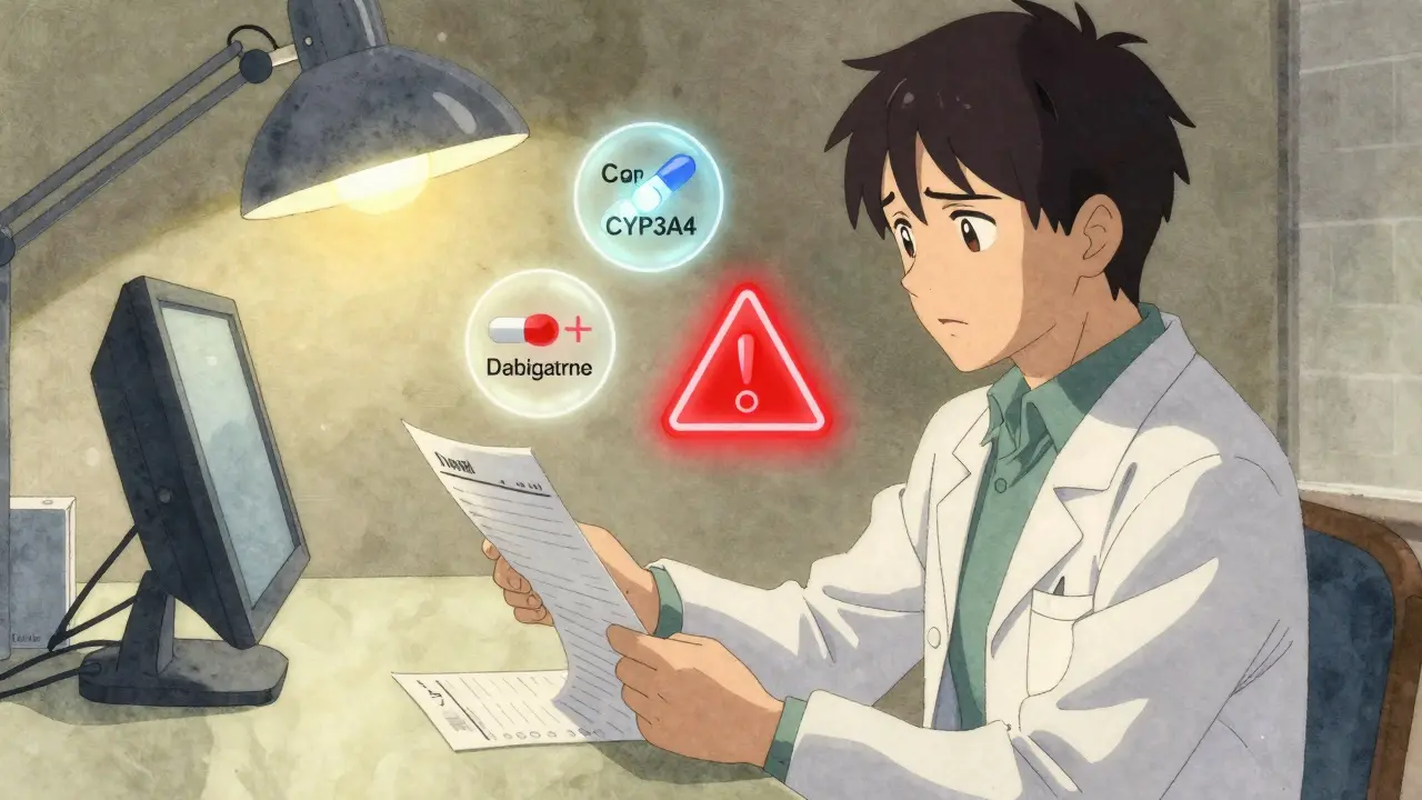 Pharmacist reviewing medication list with glowing transporter icons above a pill.
