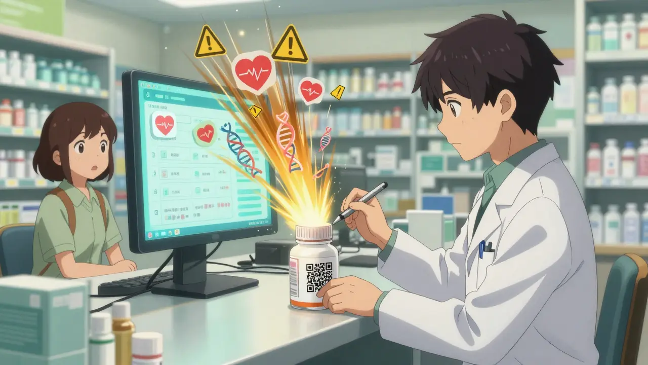 Pharmacist scanning QR code on medication, animated safety data floating in the air above the bottle.