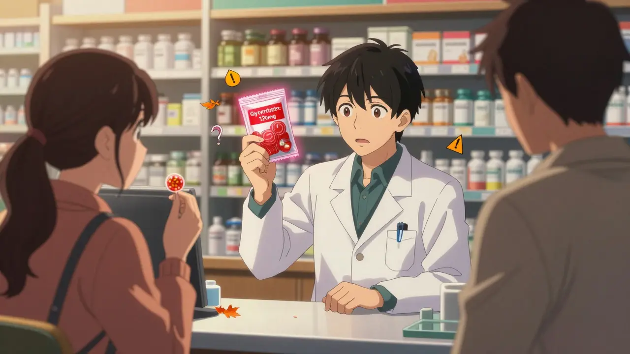 Pharmacist showing warning label on licorice package to a shocked customer in pharmacy.