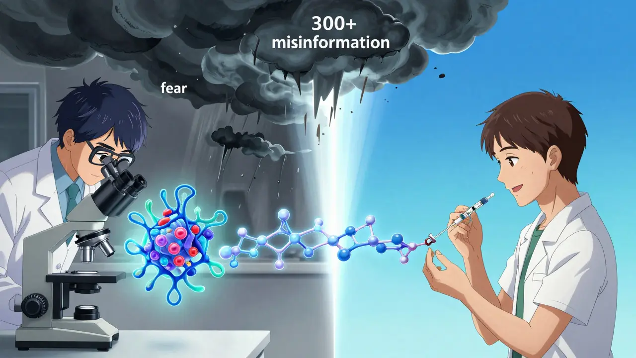 Scientist analyzing proteins connected by molecular bridge to a patient receiving treatment.