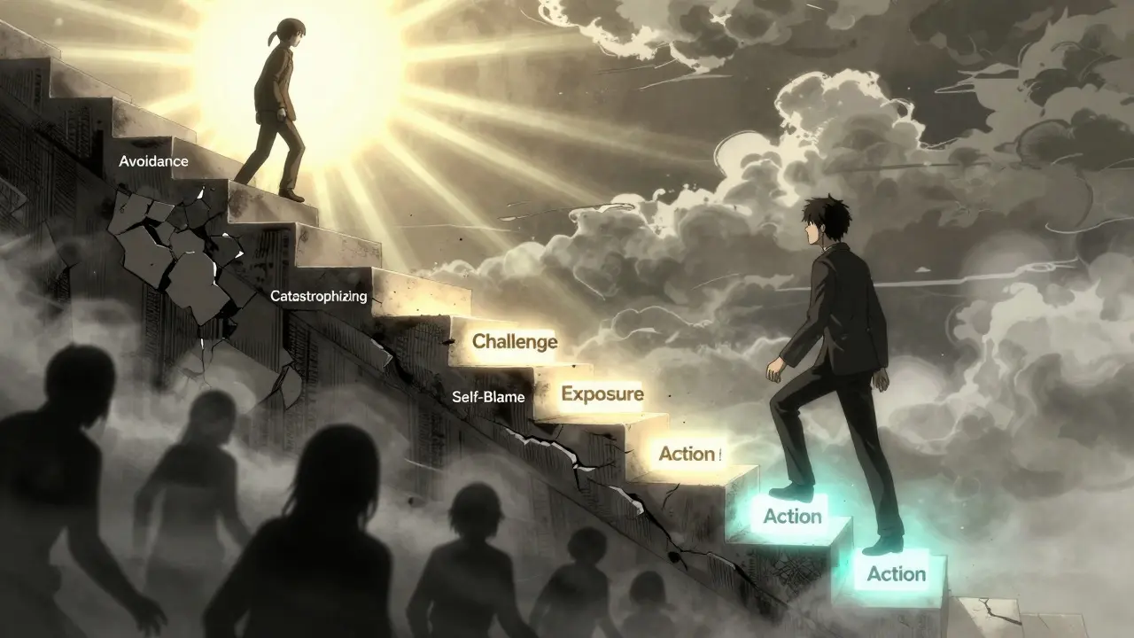 Someone climbing a staircase made of replaced negative beliefs, moving toward light and progress.