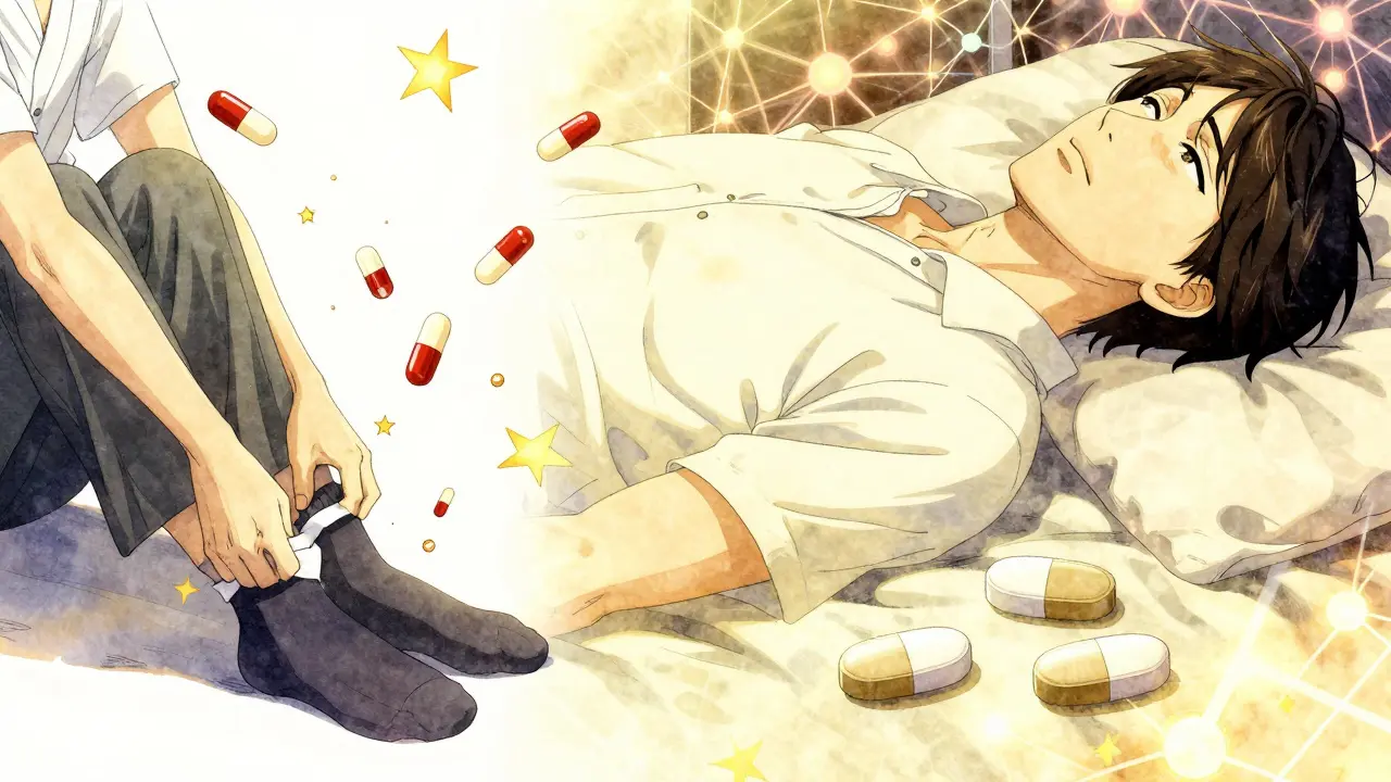 Split scene: chaotic gabapentin pills vs. orderly pregabalin tablets, calm vs. stress.