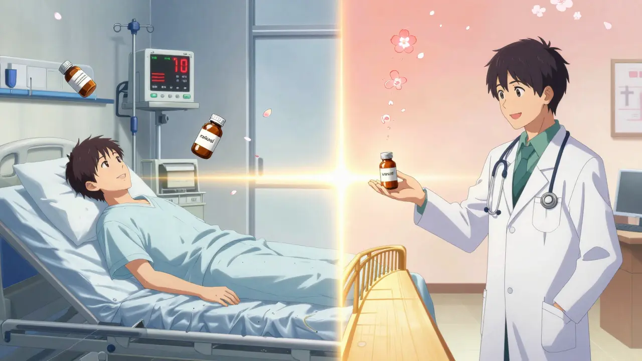 Split scene: hospital emergency vs. calm doctor’s visit, connected by golden light and floating supplement bottles.