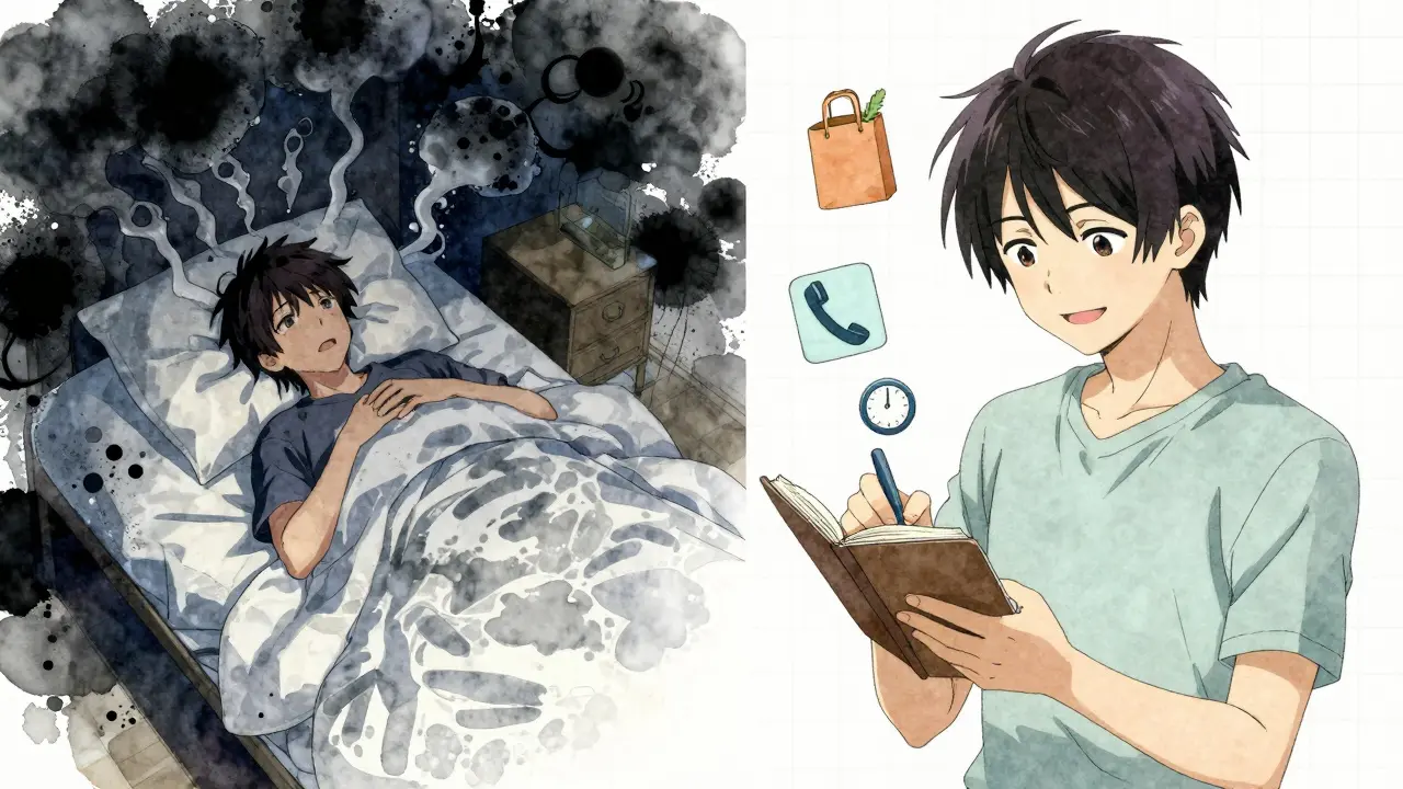 Split scene of a person struggling with anxiety at night versus actively doing CBT homework in daylight.