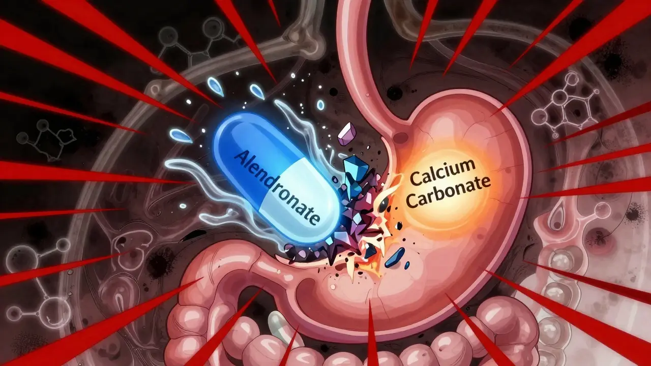 Stomach cross-section showing bisphosphonate and calcium pills clashing into a crumbling crystal.
