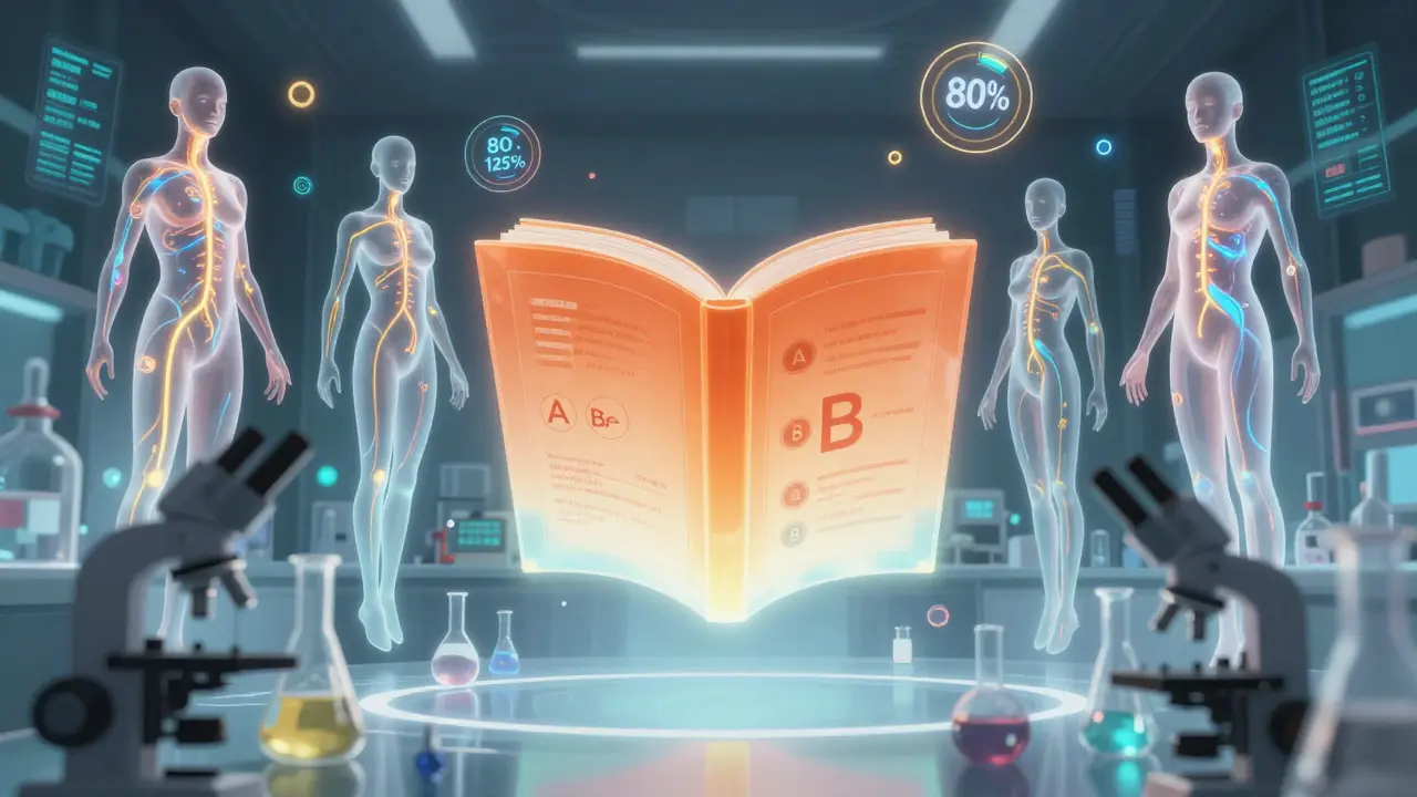 Surreal medical scene with glowing bloodstreams and FDA confidence intervals floating in a lab.