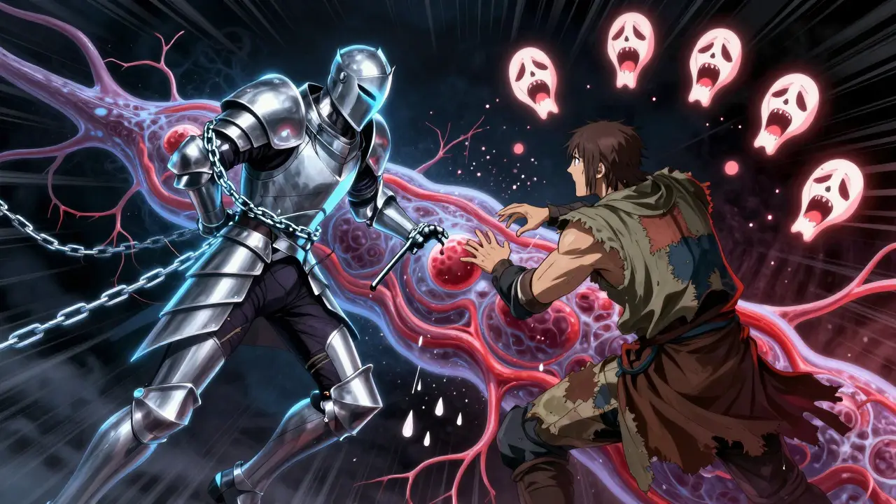 Symbolic nerve cell battle: armored pregabalin knight vs. worn gabapentin warrior.