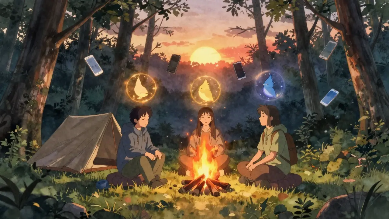 Three people camping under sunset, glowing sleep cycles merging into one golden pulse in forest.
