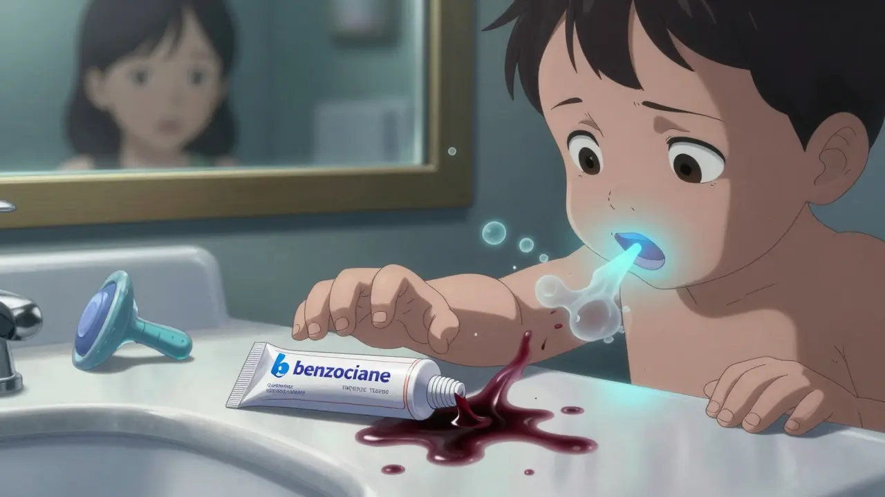 Toddlers reaching for an open tube of dangerous teething gel, lips turning blue.