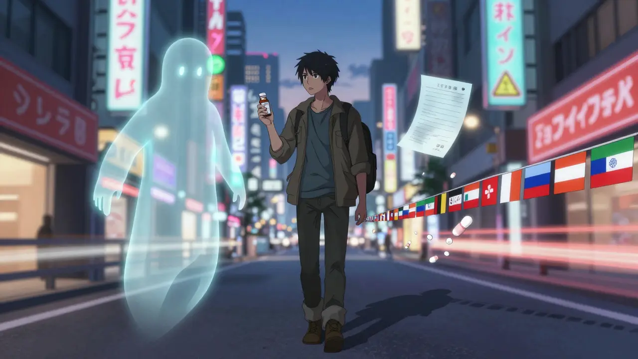 Traveler in Tokyo with medication bottle surrounded by glowing warning signs and floating documents