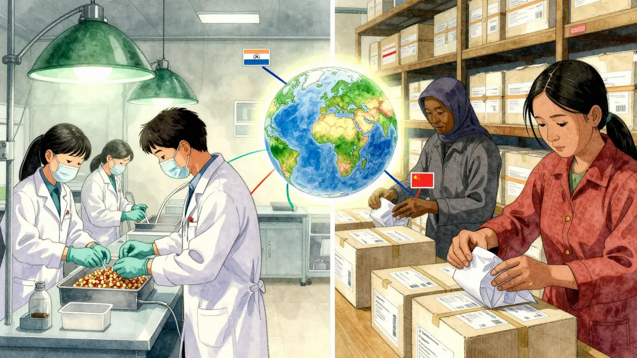 Vietnamese and Cambodian workers refining intermediates and assembling medical packaging.