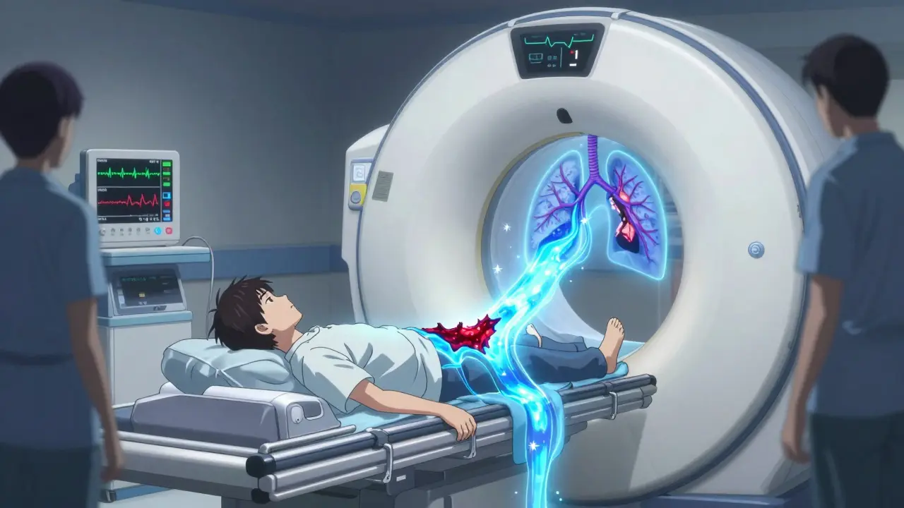 A patient undergoing a CT scan, with a bright red clot blocking lung arteries, illuminated by glowing contrast dye.