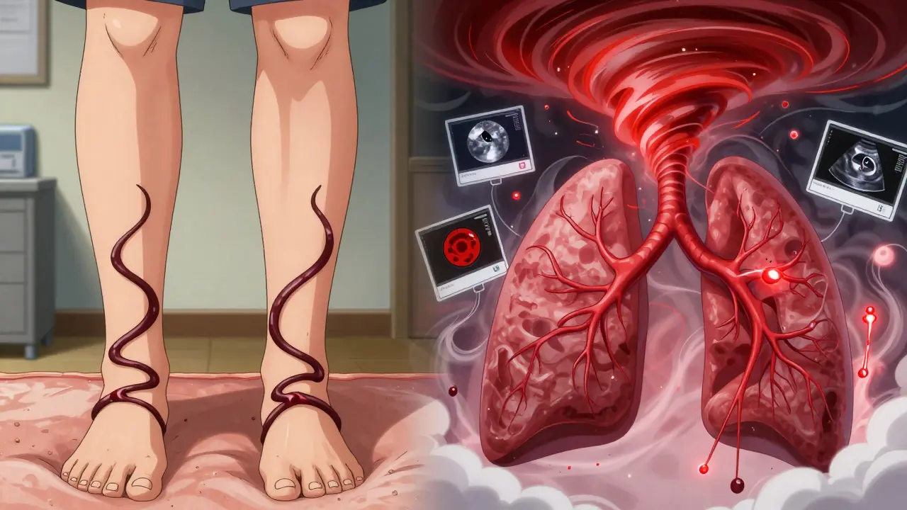 A split image showing a blood clot forming in the leg and traveling to the lungs, depicted as a swirling crimson force.