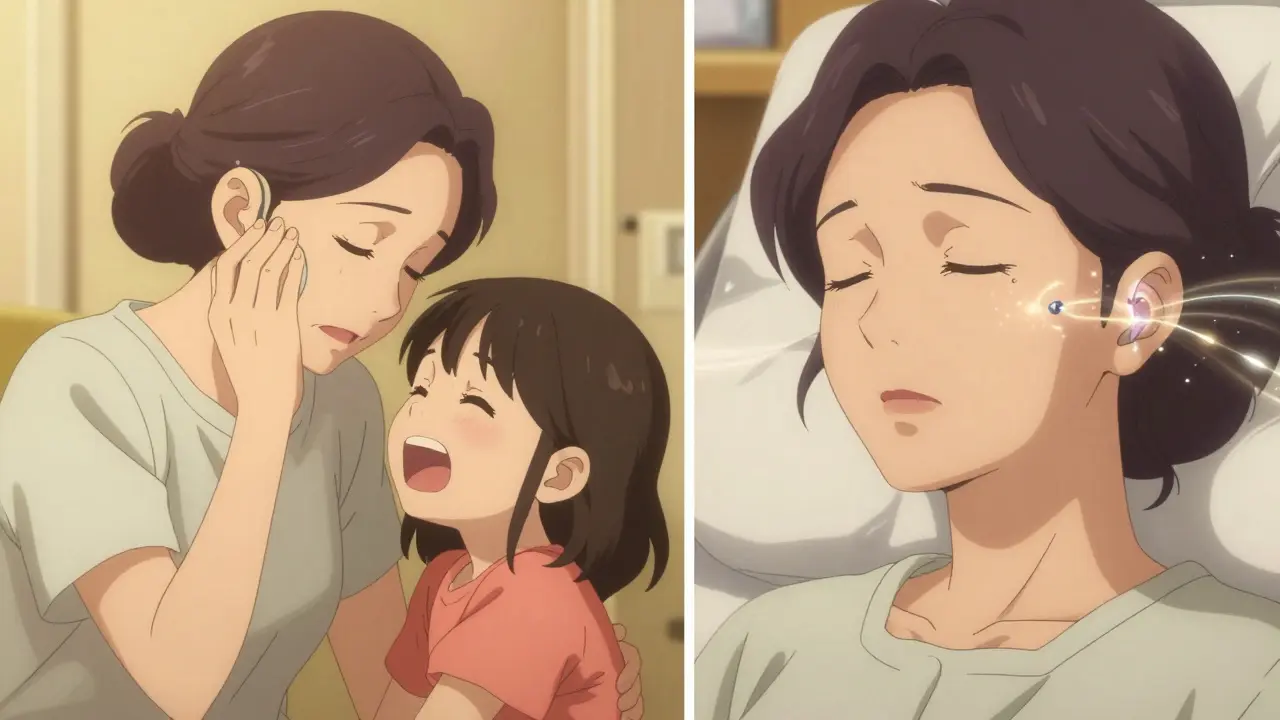 A split scene showing a woman hearing her granddaughter with a hearing aid and after successful surgery with glowing prosthetic.
