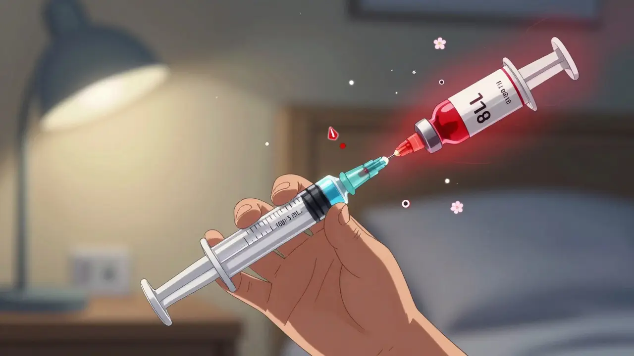 Child's hand using a syringe to measure medicine, with a dangerous alternate dose leaking beside it.