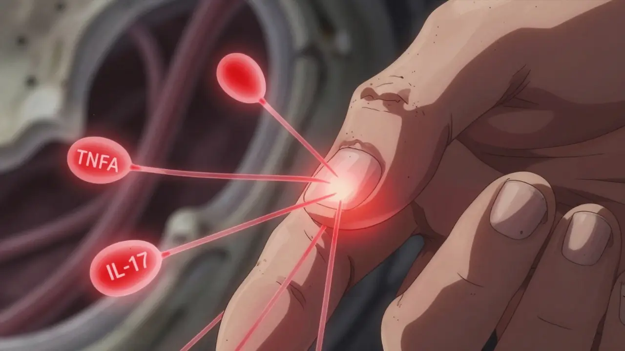 Close-up of inflamed hand with pitted nails and glowing inflammatory proteins connecting skin to joint.