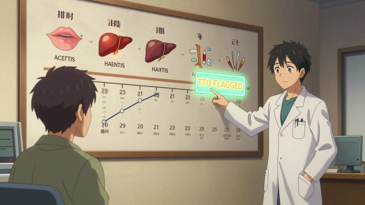 Doctor pointing to a large timeline mural of drug side effects in a medical office.