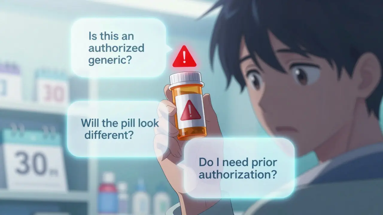 Floating questions hover around a patient holding a prescription bottle, with glowing text about generic drug transitions.