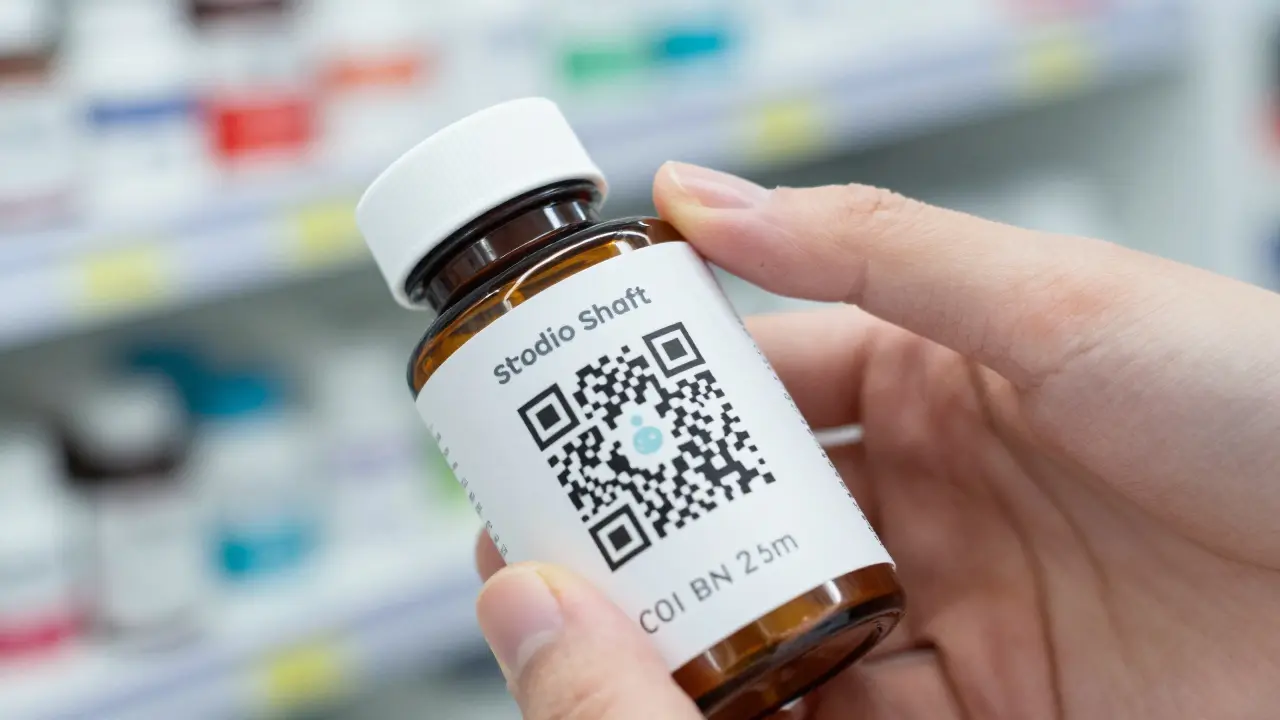 Generic medication bottle with QR code pattern on label