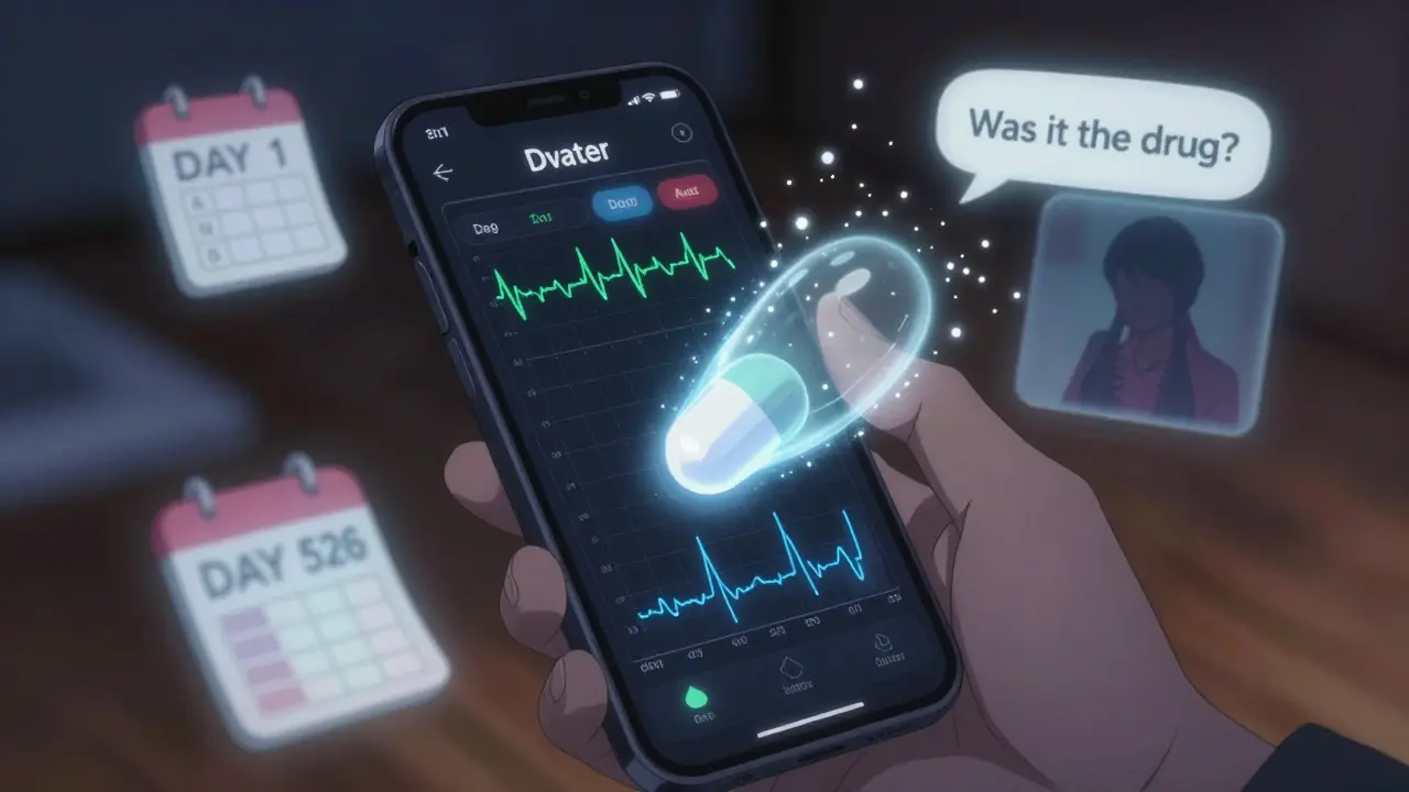 Hand holding phone with health app showing biometric spikes and fading calendar days.