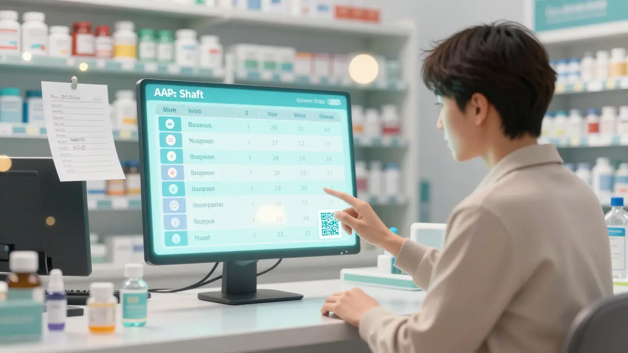 Pharmacist guiding a parent through a floating dosing chart with QR codes and safety icons.