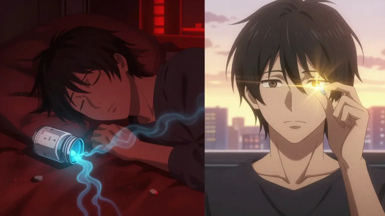 Split scene: one side shows a time-released pill leaking mist, the other shows a precise pill emitting light.