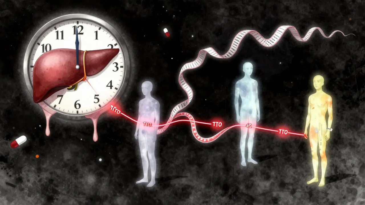 Surreal medical timeline showing delayed drug side effects across months
