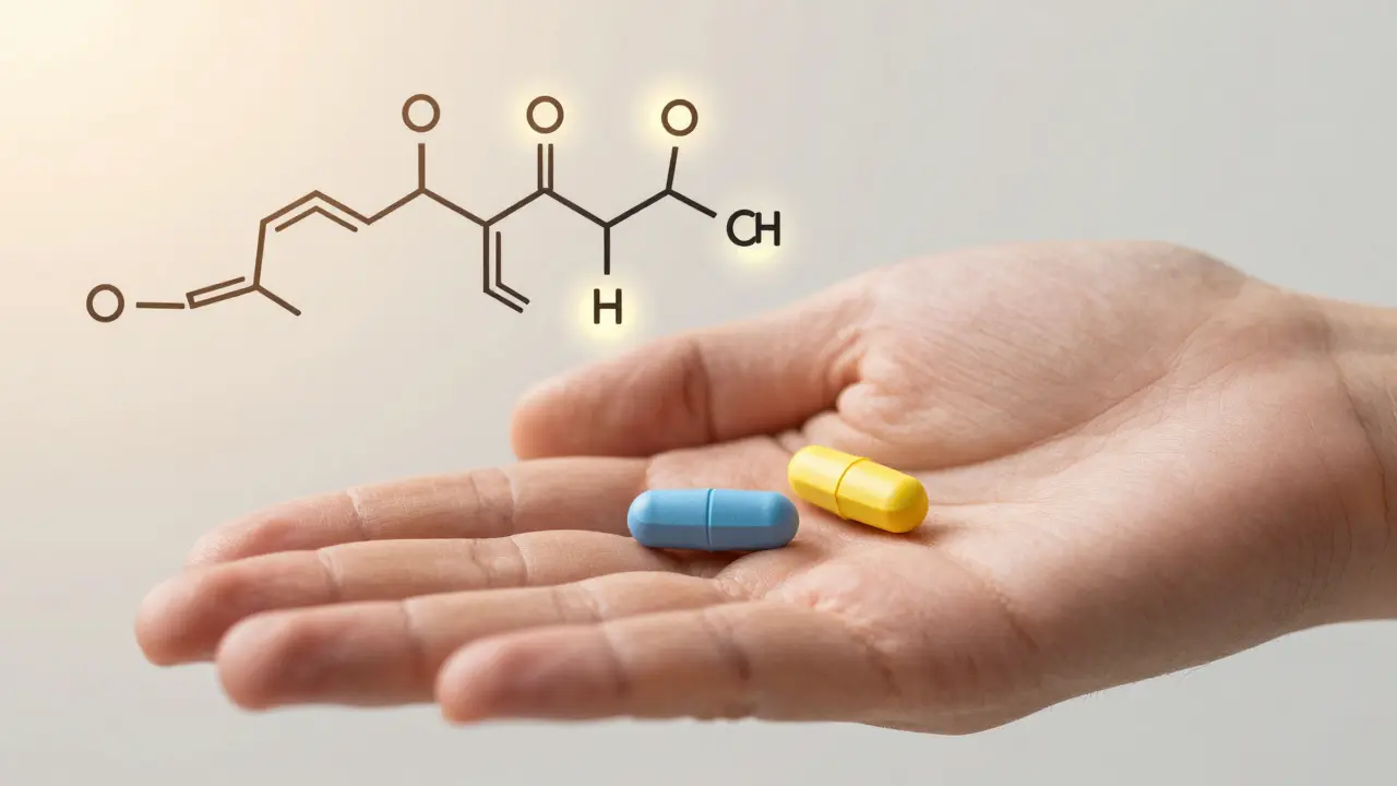 Two differently colored pills with molecular structure diagram