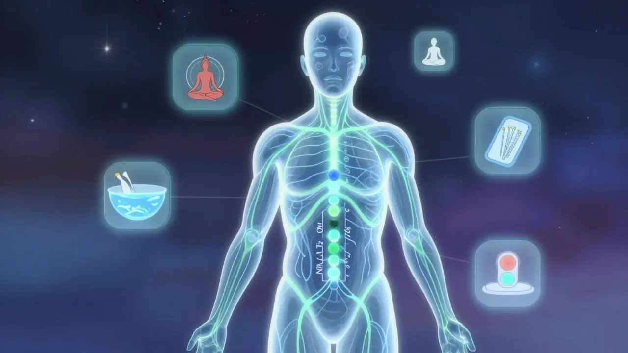A glowing human figure with targeted neural pathways being treated by Suzetrigine, surrounded by pain management symbols.