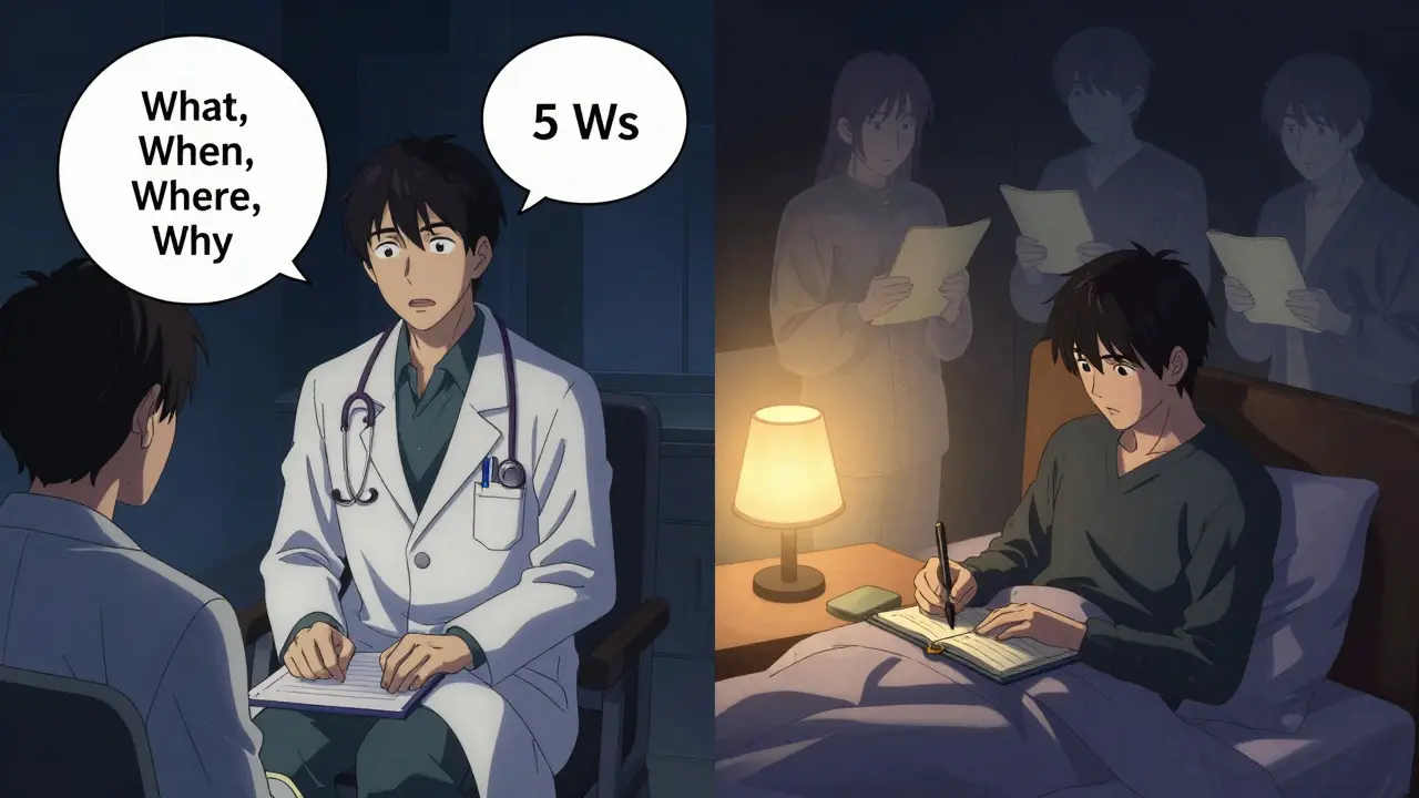 A patient writes in a notebook at night, with floating '5 Ws' speech bubbles nearby, symbolizing clear communication about side effects.