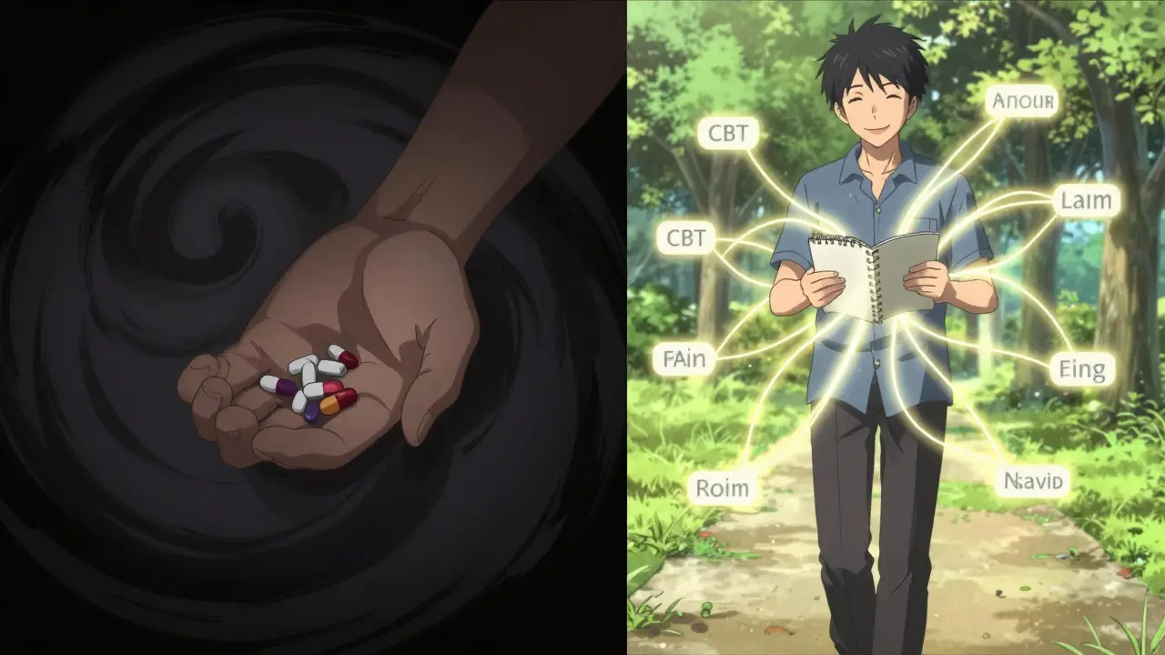 A person transitioning from opioid dependence to holistic pain management with glowing therapeutic therapies surrounding them.