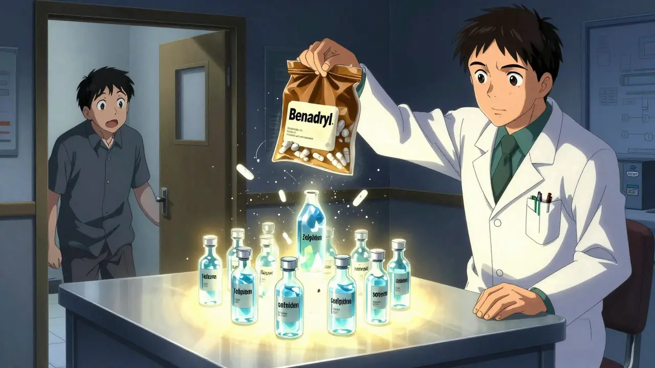 A pharmacist shattering risky pills into dust while safe alternatives glow as crystalline vials, with a patient watching hopefully.