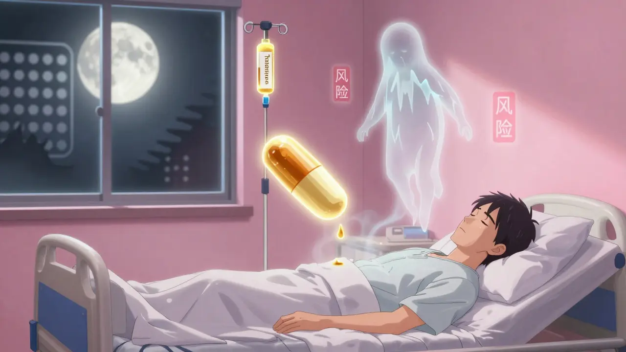 A sleeping transplant patient with ghostly generic pills hovering above, one dissolving, the other menacing.