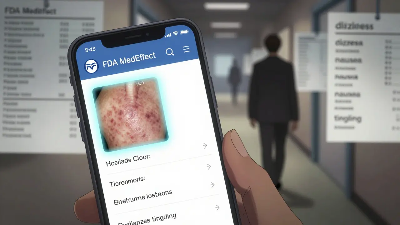 A smartphone screen displays a structured side effect report with a timestamped rash photo and medication info, glowing with digital clarity.