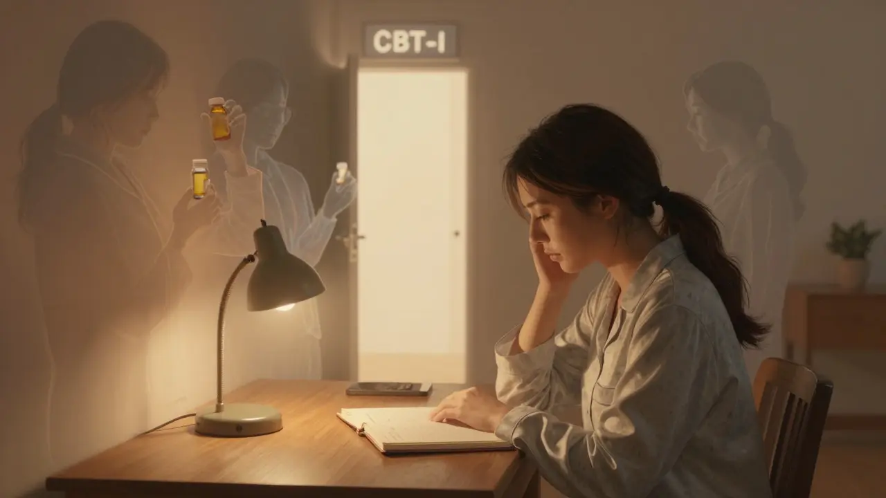 A woman journaling as ghostly figures of past selves fade into a glowing doorway labeled CBT-I, symbolizing recovery without medication.