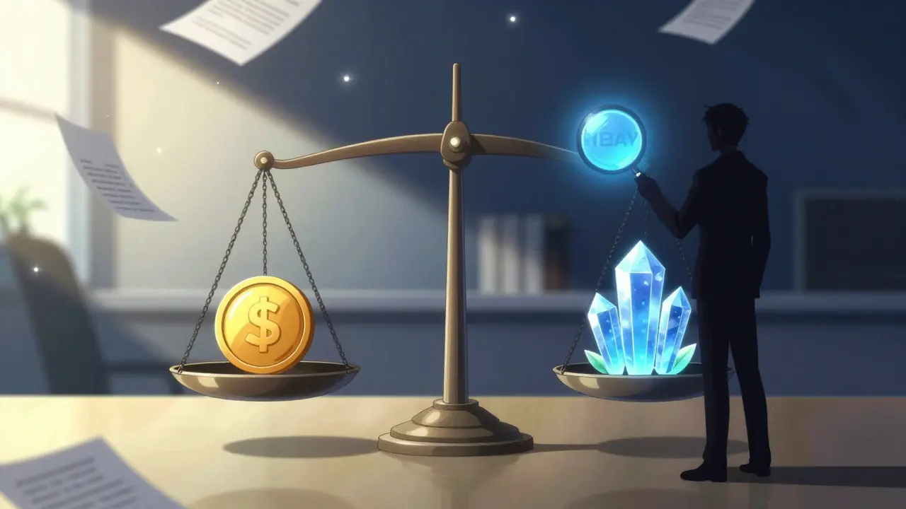 Anime illustration of a balance scale weighing quality and price for government bids.
