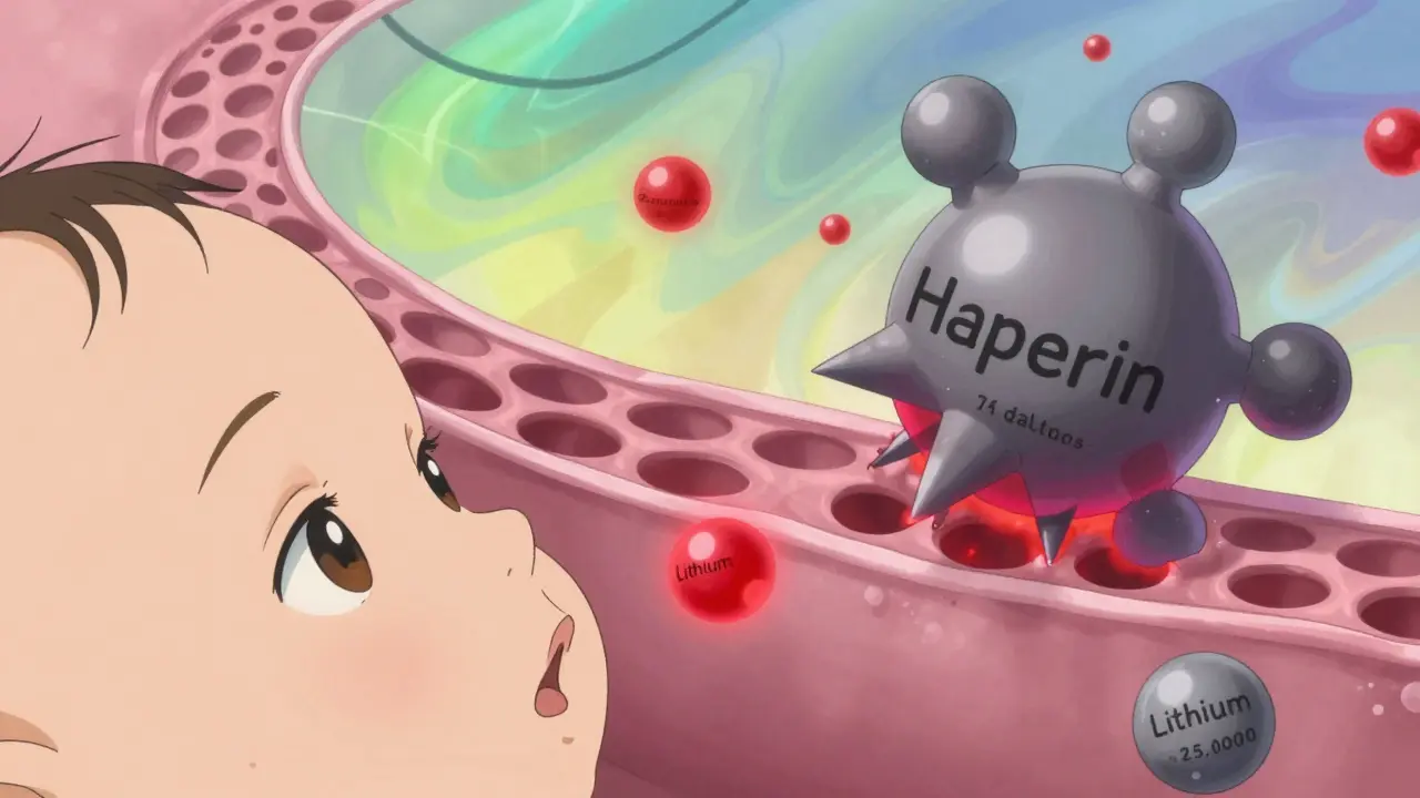 Baby with glowing drug molecules—lithium passing through, heparin blocked—against abstract cell membranes.