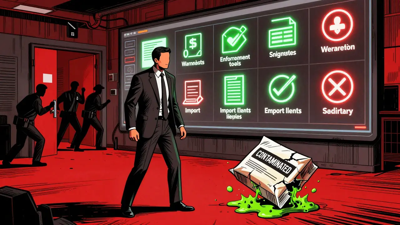 Corporate executive facing a wall of glowing FDA enforcement tools with a contaminated package floating before them.