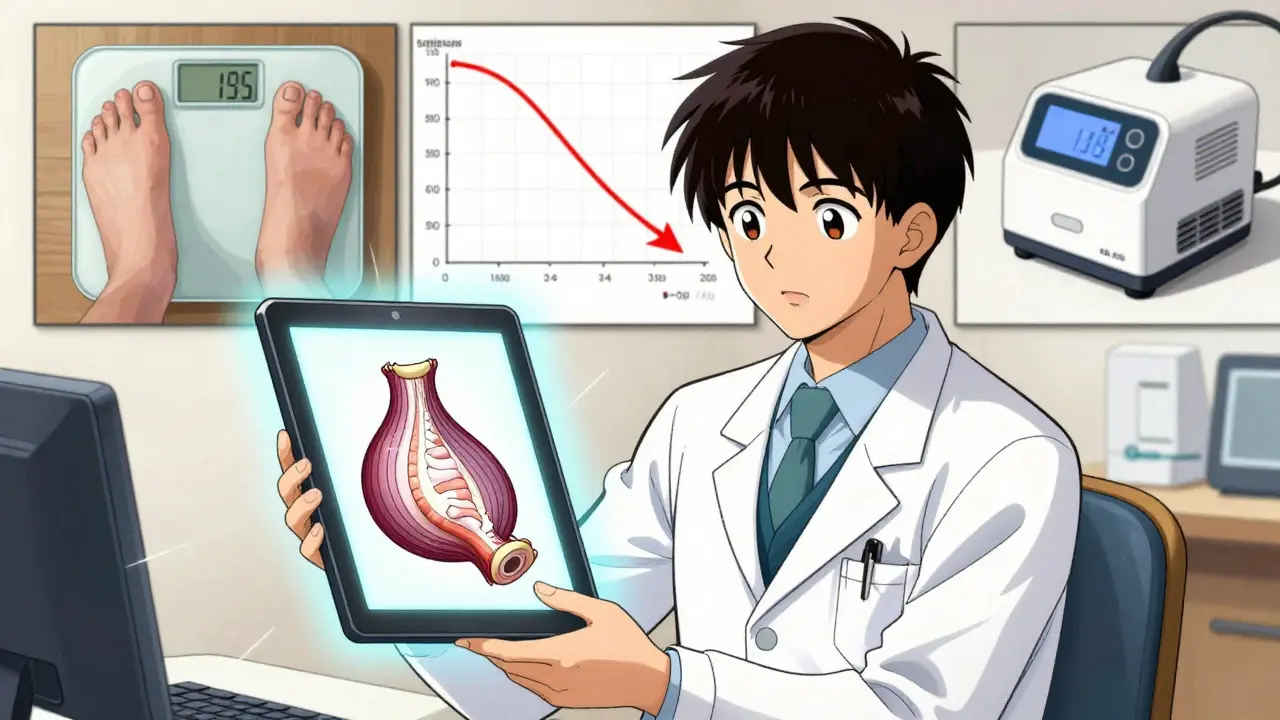 Doctor holding a tablet showing an airway shrinking as fat layers peel away, with scenes of weight loss and CPAP discontinuation in the background.