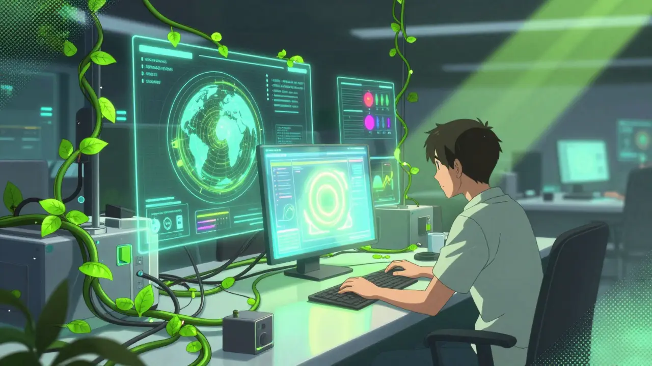 Futuristic anime office with green plants growing through digital tech wires.