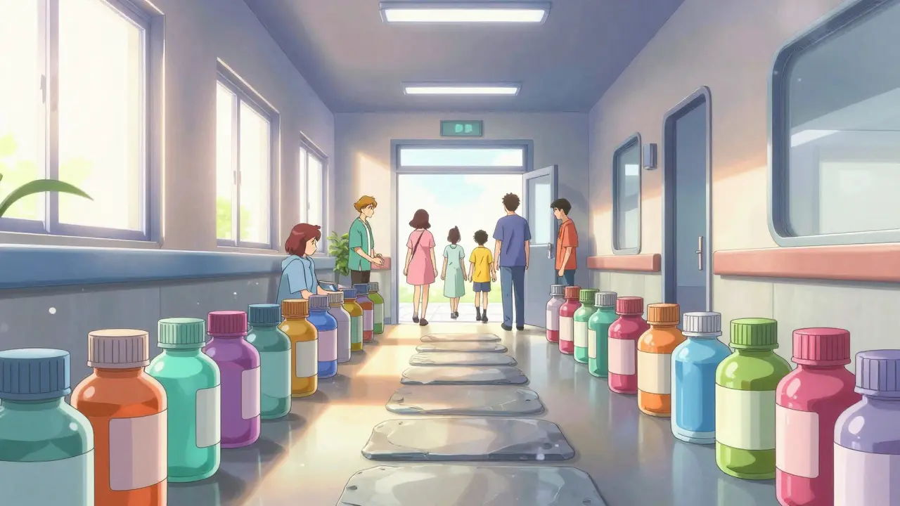 Medicine bottles forming steps leading patients out of a hospital hallway.