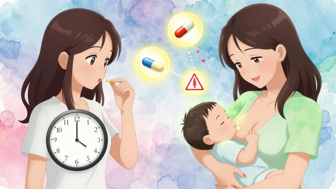 Mother taking pill after feeding, later nursing peacefully with safe drugs glowing warmly.